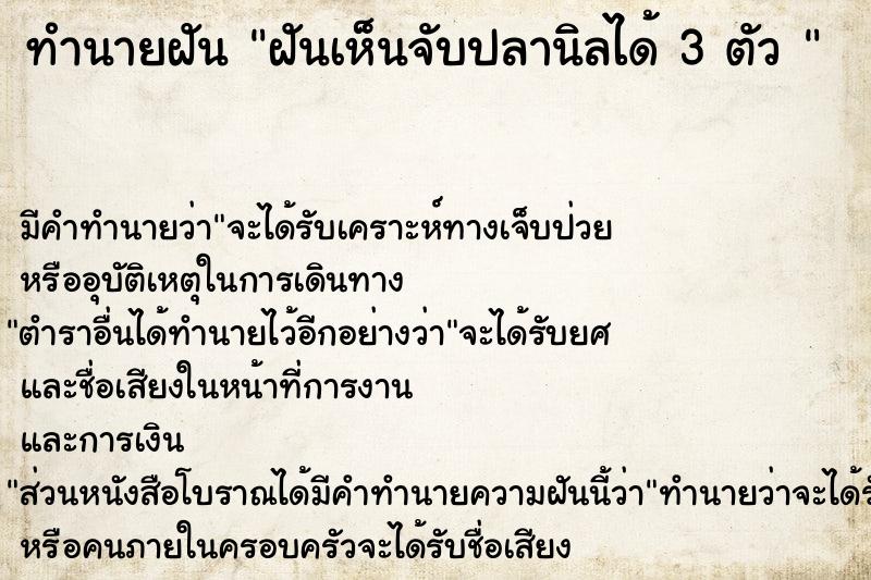ทำนายฝันทำนายฝันฝันเห็นจับปลานิลได้3ตัว